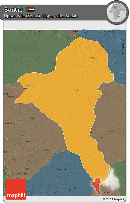 Political 3D Map of Bentiu, darken, semi-desaturated