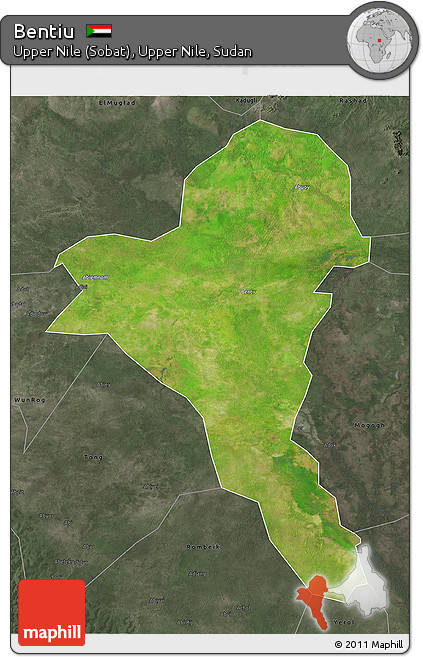 Satellite 3D Map of Bentiu, darken, semi-desaturated