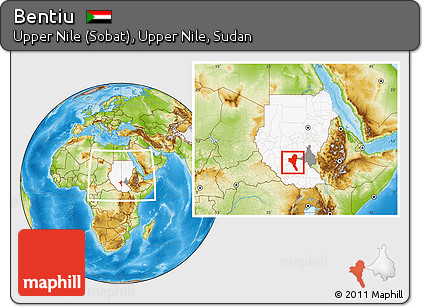 Physical Location Map of Bentiu, highlighted country, highlighted parent region, within the entire country
