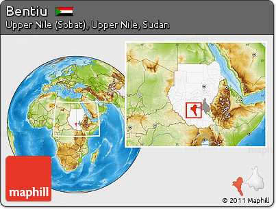 Physical Location Map of Bentiu, highlighted country, highlighted parent region, within the entire country