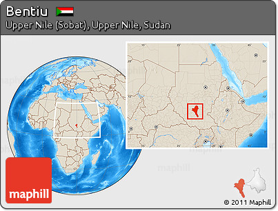 Shaded Relief Location Map of Bentiu, within the entire country