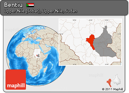Shaded Relief Location Map of Bentiu, highlighted country, highlighted grandparent region