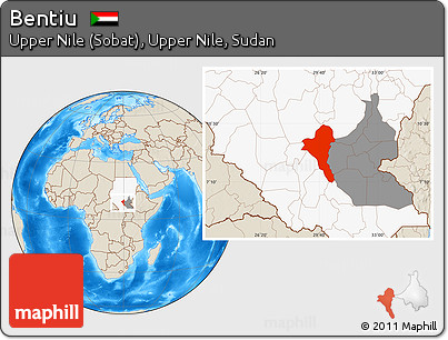 Shaded Relief Location Map of Bentiu, highlighted country, highlighted grandparent region