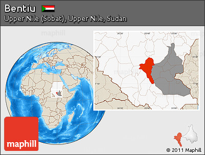 Shaded Relief Location Map of Bentiu, highlighted country, highlighted grandparent region