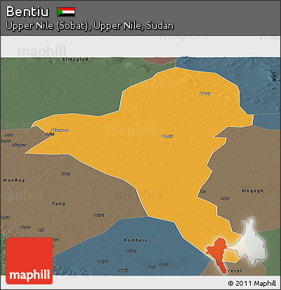 Political Panoramic Map of Bentiu, darken, semi-desaturated