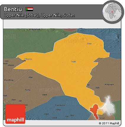 Political Panoramic Map of Bentiu, darken, semi-desaturated
