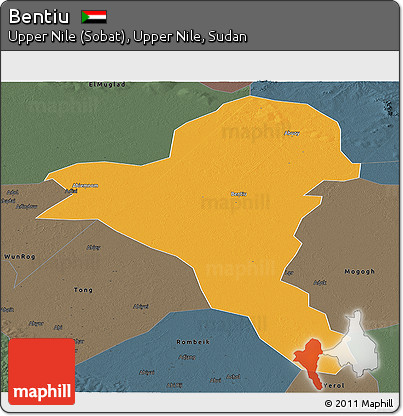 Political Panoramic Map of Bentiu, darken, semi-desaturated