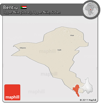 Shaded Relief Panoramic Map of Bentiu, single color outside