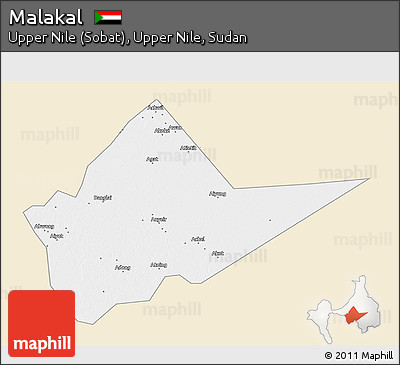 Classic Style 3D Map of Malakal, single color outside