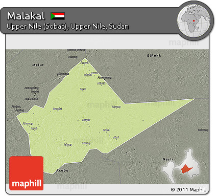 Physical 3D Map of Malakal, darken, semi-desaturated