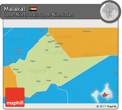 Physical 3D Map of Malakal, political outside