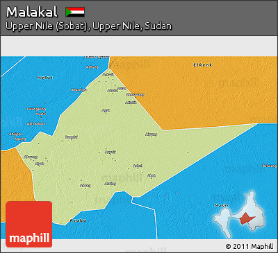 Physical 3D Map of Malakal, political outside