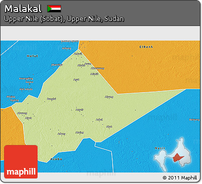 Physical 3D Map of Malakal, political outside