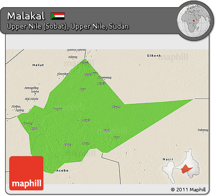 Political 3D Map of Malakal, shaded relief outside