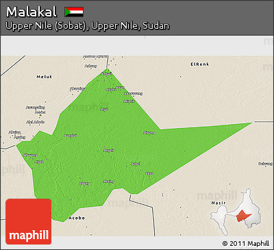 Political 3D Map of Malakal, shaded relief outside