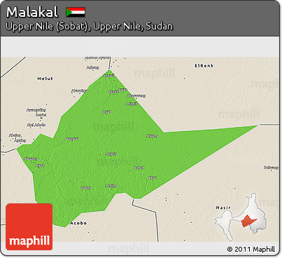 Political 3D Map of Malakal, shaded relief outside