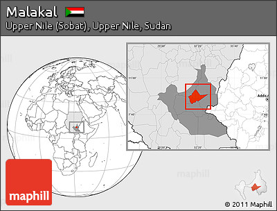 Blank Location Map of Malakal, highlighted country, highlighted grandparent region