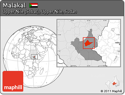 Blank Location Map of Malakal, highlighted country, highlighted grandparent region