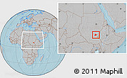 Gray Location Map of Malakal, within the entire country, hill shading