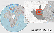 Gray Location Map of Malakal, highlighted country, highlighted grandparent region, hill shading