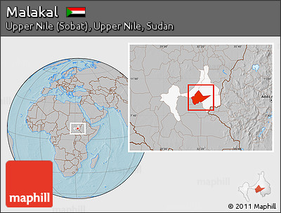 Gray Location Map of Malakal, highlighted parent region, hill shading