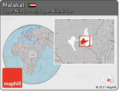 Gray Location Map of Malakal, highlighted parent region, hill shading
