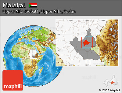 Physical Location Map of Malakal, highlighted country, highlighted grandparent region