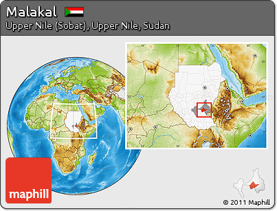 Physical Location Map of Malakal, highlighted country, highlighted parent region, within the entire country