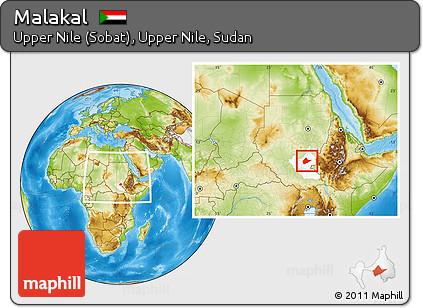 Physical Location Map of Malakal, highlighted grandparent region, within the entire country
