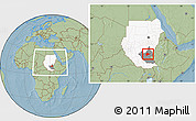 Savanna Style Location Map of Malakal, highlighted country, highlighted grandparent region, within the entire country, hill shading