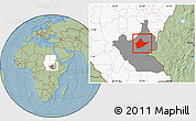 Savanna Style Location Map of Malakal, highlighted country, highlighted grandparent region, hill shading