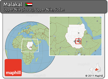 Savanna Style Location Map of Malakal, highlighted country, highlighted parent region, within the entire country