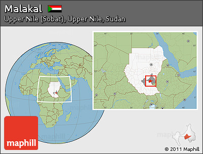 Savanna Style Location Map of Malakal, highlighted country, highlighted parent region, within the entire country