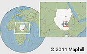Savanna Style Location Map of Malakal, highlighted country, highlighted parent region, within the entire country, hill shading