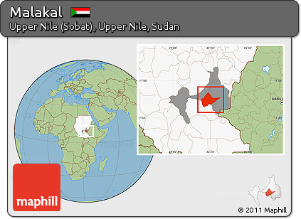 Savanna Style Location Map of Malakal, highlighted country, highlighted parent region