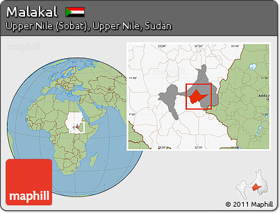 Savanna Style Location Map of Malakal, highlighted country, highlighted parent region