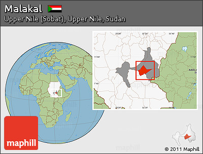 Savanna Style Location Map of Malakal, highlighted country, highlighted parent region