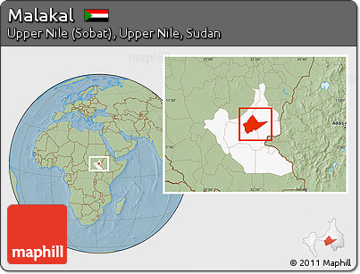 Savanna Style Location Map of Malakal, highlighted grandparent region, hill shading