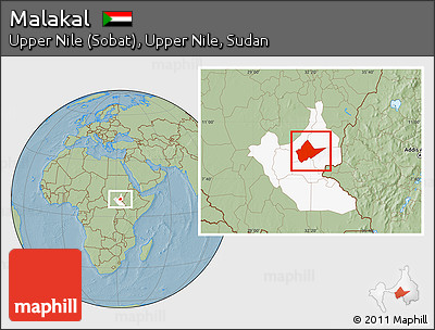 Savanna Style Location Map of Malakal, highlighted grandparent region, hill shading