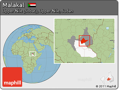 Savanna Style Location Map of Malakal, highlighted parent region, highlighted grandparent region