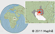 Savanna Style Location Map of Malakal, highlighted parent region, highlighted grandparent region, hill shading