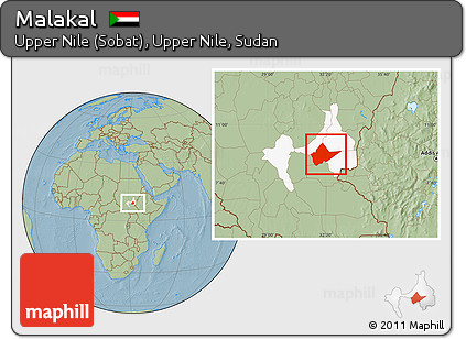 Savanna Style Location Map of Malakal, highlighted parent region, hill shading