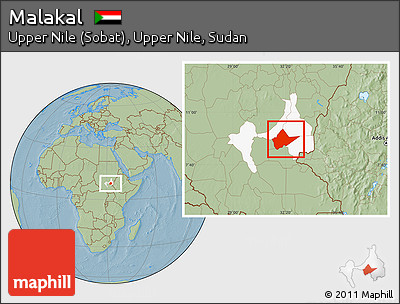 Savanna Style Location Map of Malakal, highlighted parent region, hill shading