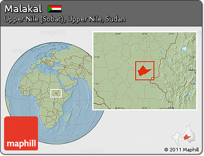 Savanna Style Location Map of Malakal, hill shading