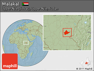 Savanna Style Location Map of Malakal, hill shading
