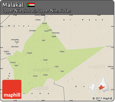 Physical Map of Malakal, shaded relief outside