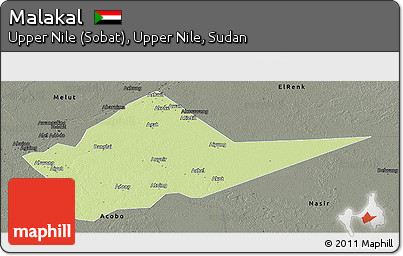 Physical Panoramic Map of Malakal, darken, semi-desaturated