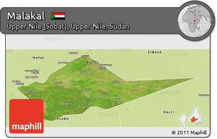 Satellite Panoramic Map of Malakal, physical outside