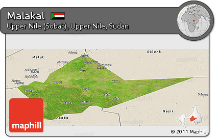 Satellite Panoramic Map of Malakal, shaded relief outside