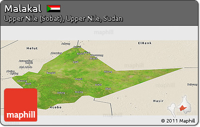 Satellite Panoramic Map of Malakal, shaded relief outside